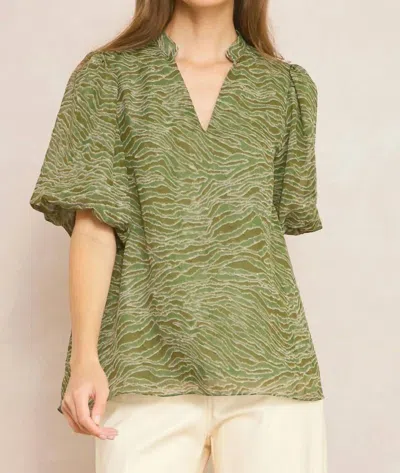 Entro Bubble Sleeve V-neck Top In Olive In Green