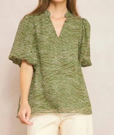Entro Bubble Sleeve V-neck Top In Olive In Multi