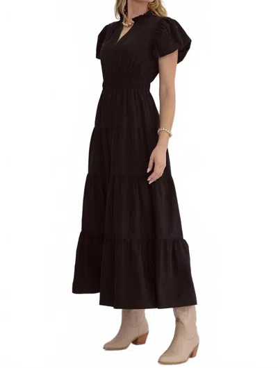 Entro Bubble Sleeve V-neck Tiered Dress In Black