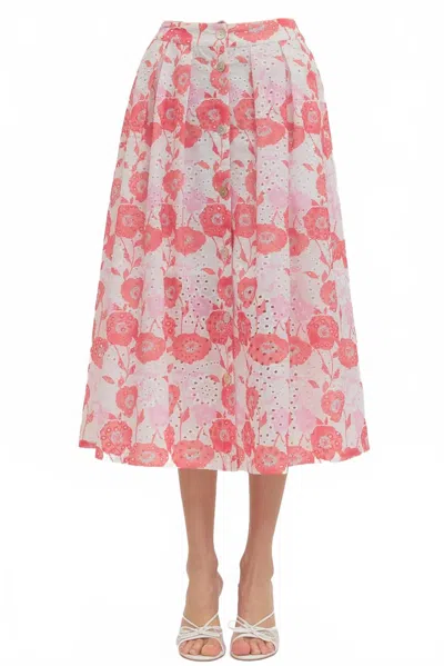 Entro Button Detailed Floral Midi Skirt In Red/ Pink