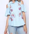 Entro Button Down Cold Shoulder Embroidered In Blue In Blue