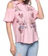 Entro Button Down Cold Shoulder Embroidered In Pink In Pink