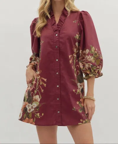 Entro Button Front Botanical Dress In Floral Multi In Red