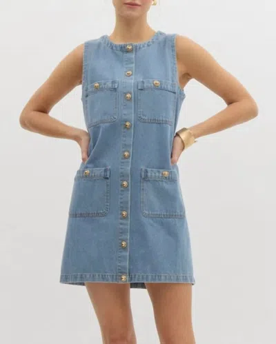 Entro Button Front Sleeveless Dress In Denim In Blue