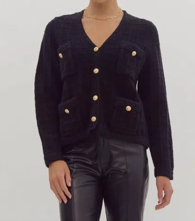 Entro Button Knit Cardigan In Black In Purple