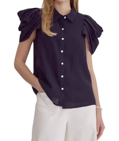 Entro Button Up Collared Top In Navy In Blue