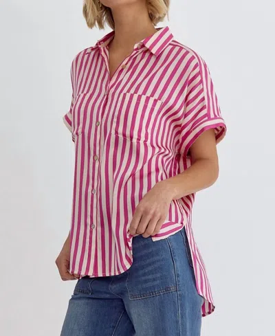 Entro Button Up Short Sleeve Top In Pink