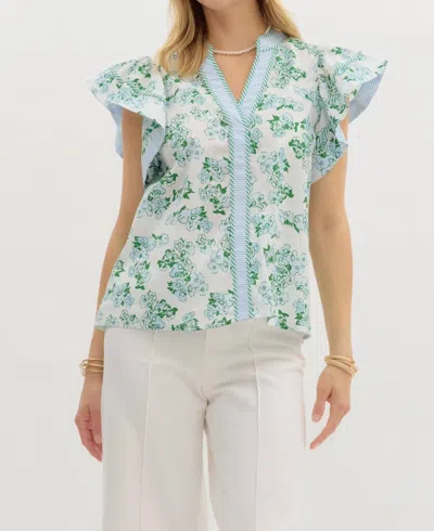 Entro Buttoned Down Flutter Floral Top In Blue