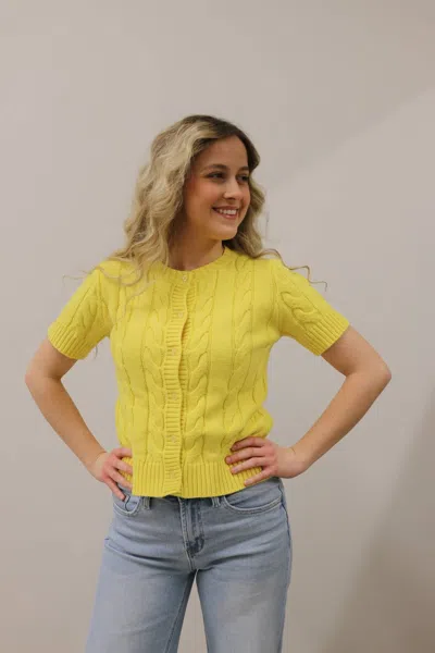 Entro Cable Knit Short Sleeve Button Front Knit Cardigan In Lemon Yellow