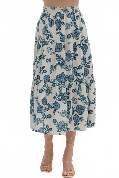 Entro Camille Floral Midi Skirt In Oyster, Peacock & Marine Navy In Multi