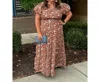 Entro Candace Plus Floral V-neck Bubble Sleeve Tiered Midi Dress In Chestnut Brown In Multi