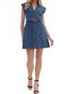 Entro Cap Sleeve Belted Mini Dress In Denim In Blue