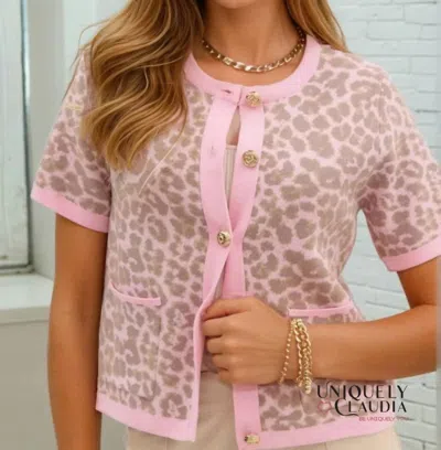 Entro Carynn Animal Print Short-sleeve Knit Cardigan In Pink