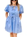 Entro Bow Bubble Hemmed Mini Dress In Chambray In Blue