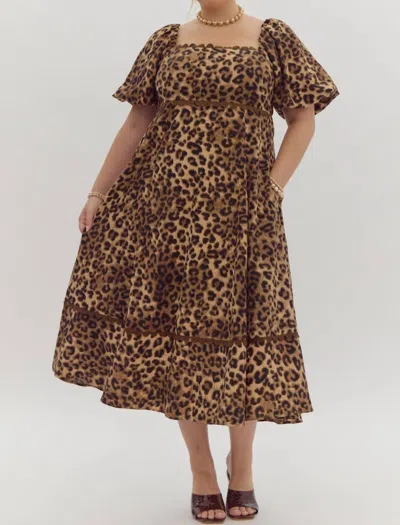 Entro Cheetah Print Square Neck Midi Dress - Plus In Camel In Brown