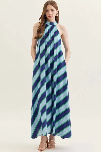Entro Classy Striped Maxi Dress In Navy And Green In Multi