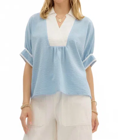 Entro Collared Dolman Sleeve Pullover Top In Blue