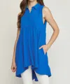 Entro Collared Sleeveless Tiered Tunic Top In Colbalt Blue In Multi