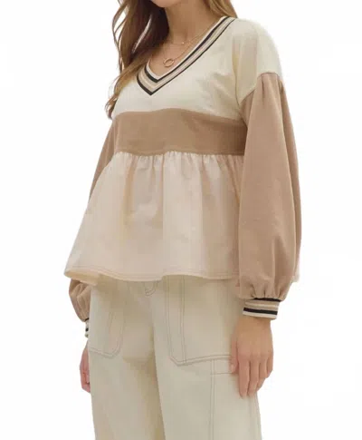 Entro Color Block Mixed Top In Taupe In Neutral