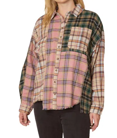 Entro Color Block Plaid Flannel Top In Taupe Multi