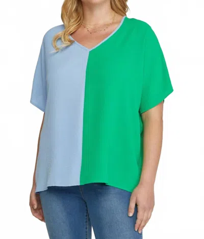 Entro Color Block V-neck Top In Green & Blue In Multi