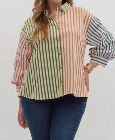 Entro Colorblock Stripe Button Down Top In Olive In Multi