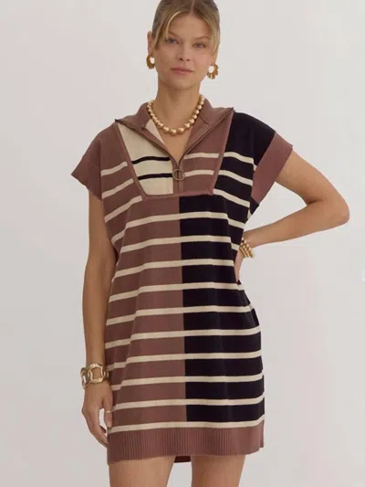 Entro Colorblock Striped Ribbed Mini Dress In Brown Multi
