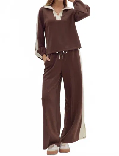 Entro Contrast Collar Pant Set In Brown