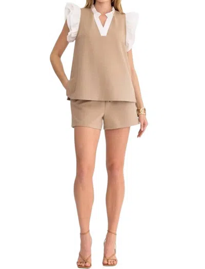 Entro Contrast Ruffle Sleeves Top & Short Set In Light Taupe In Neutral