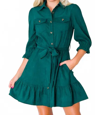 Entro Corduroy Belted Dress In Hunter Green
