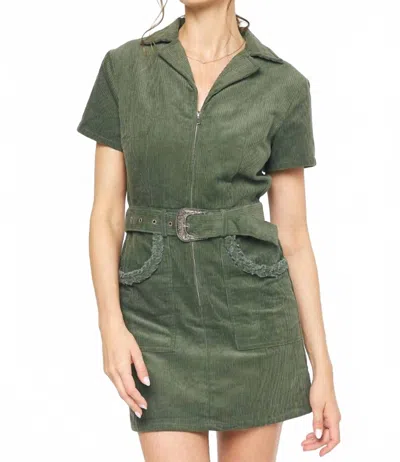 Entro Corduroy Collared Utility Mini Dress In Green