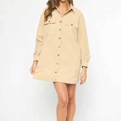 Entro Corduroy Long Sleeve Button Up Dress In Tan In Beige