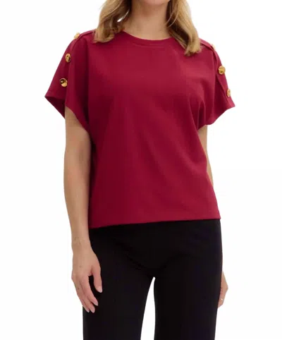 Entro Crew Neck Gold Button Pullover Blouse In Cherry In Red