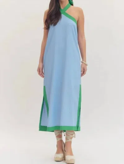 Entro Criss Cross Halter Midi Dress In Blue Multi