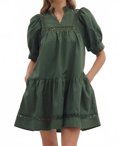 Entro Cuff Sleeve Trim Accent Ruffle Mini Dress In Pine In Silver