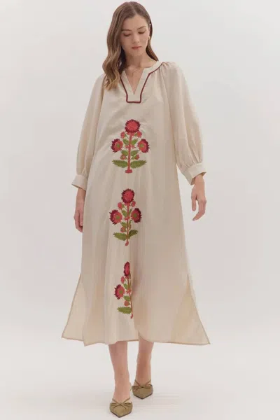 Entro Dahlia Embroidered Midi Dress In Ecru In Neutral