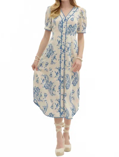 Entro Damask Midi Dress In Ivory/blue In Multi