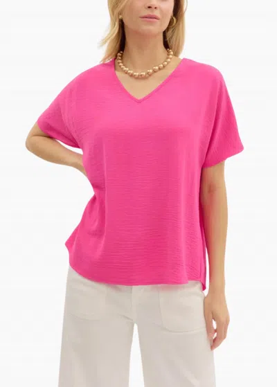 Entro Dana V-neck Short Sleeve Pullover Top In Hot Pink