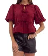 Entro Danielle Puff Sleeves Bow Detail Top In Garnet In Multi