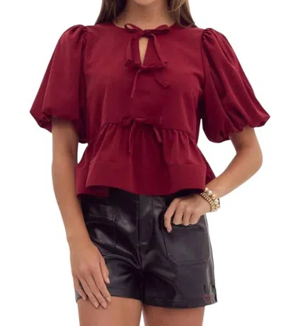 Entro Danielle Puff Sleeves Bow Detail Top In Garnet In Multi