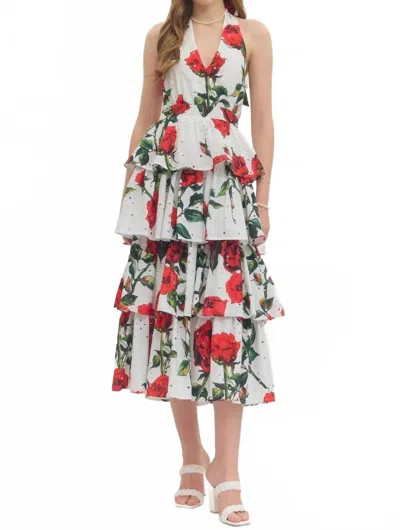 Entro Delta Rose Eyelet Tiered Midi Dress In White