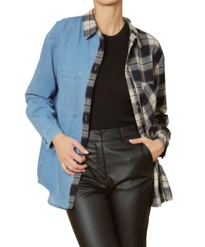 Entro Denim & Plaid Top In Navy In Multi