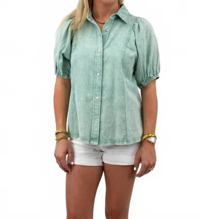 Entro Denim Collared Button Down Top In Mint In Green