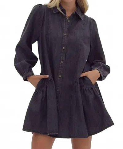 Entro Denim Ruffled Mini Dress In Black In Blue