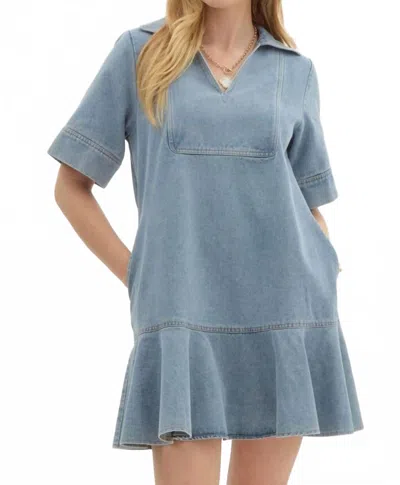 Entro Denim V-neck Ruffled Mini Dress In Blue