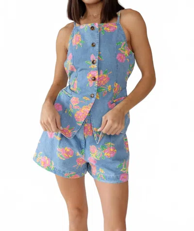 Entro Denim Vest Top In Blue Floral In Multi