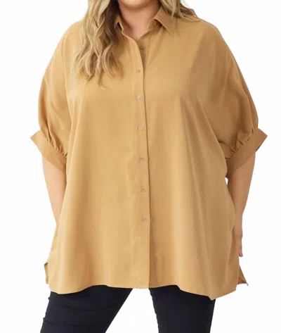 Entro Dolman Curvy 3/4 Sleeve Button Up Top In Camel In Yellow