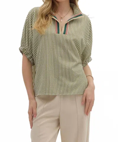 Entro Dolman Sleeve Pullover Top In Olive Striped In Green