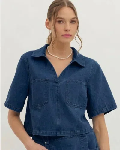 Entro Double Pocket Cropped Denim Top In Blue