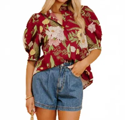 Entro Dreaming Of Dahlias Button Up Top In Wine In Multi